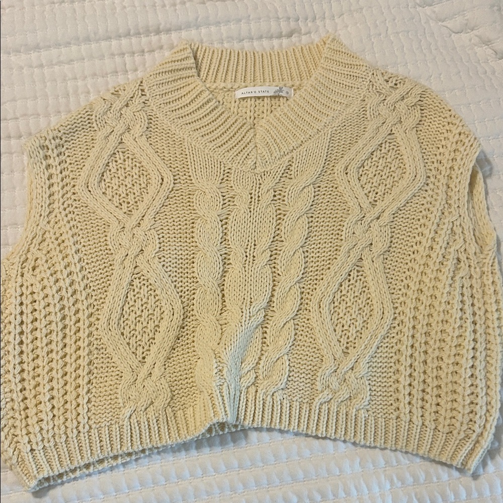 Altar'd State Cream V-Neck Cable Knit Sweater